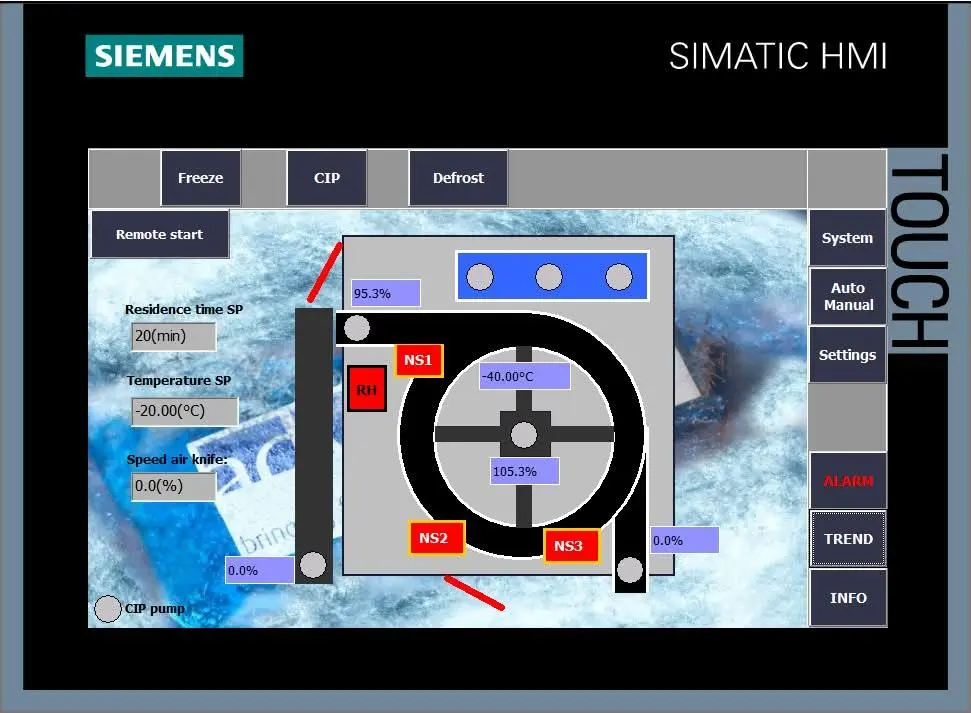 Ecran HMI principal pentru sistemul Spiral Freezer