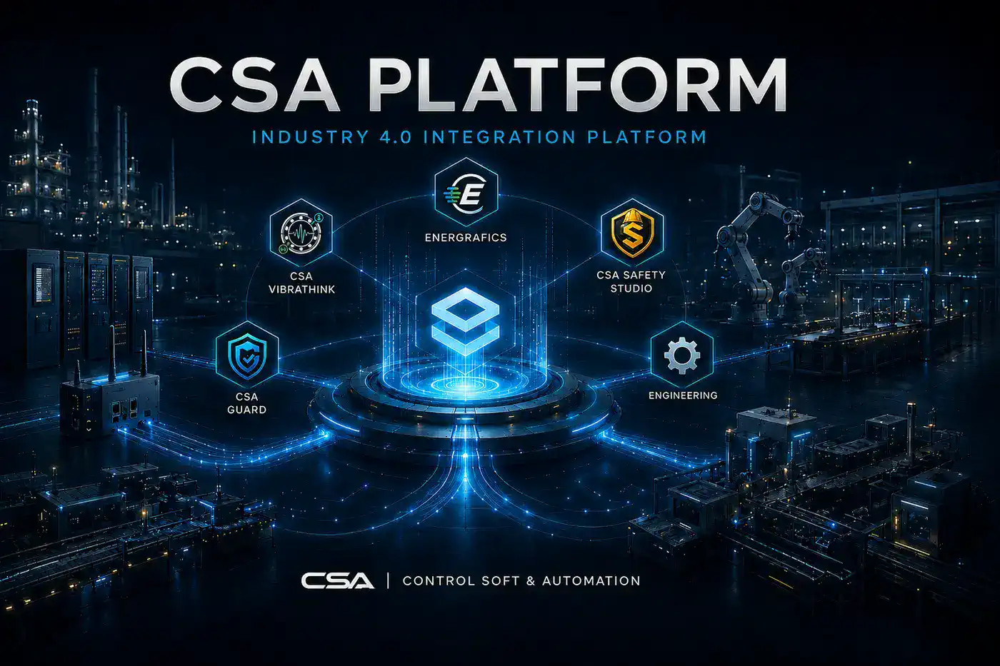CSA Platform pentru Industry 4.0 conectând ENERGRAFICS, CSA VibraThink, CSA Safety Studio și CSA Guard